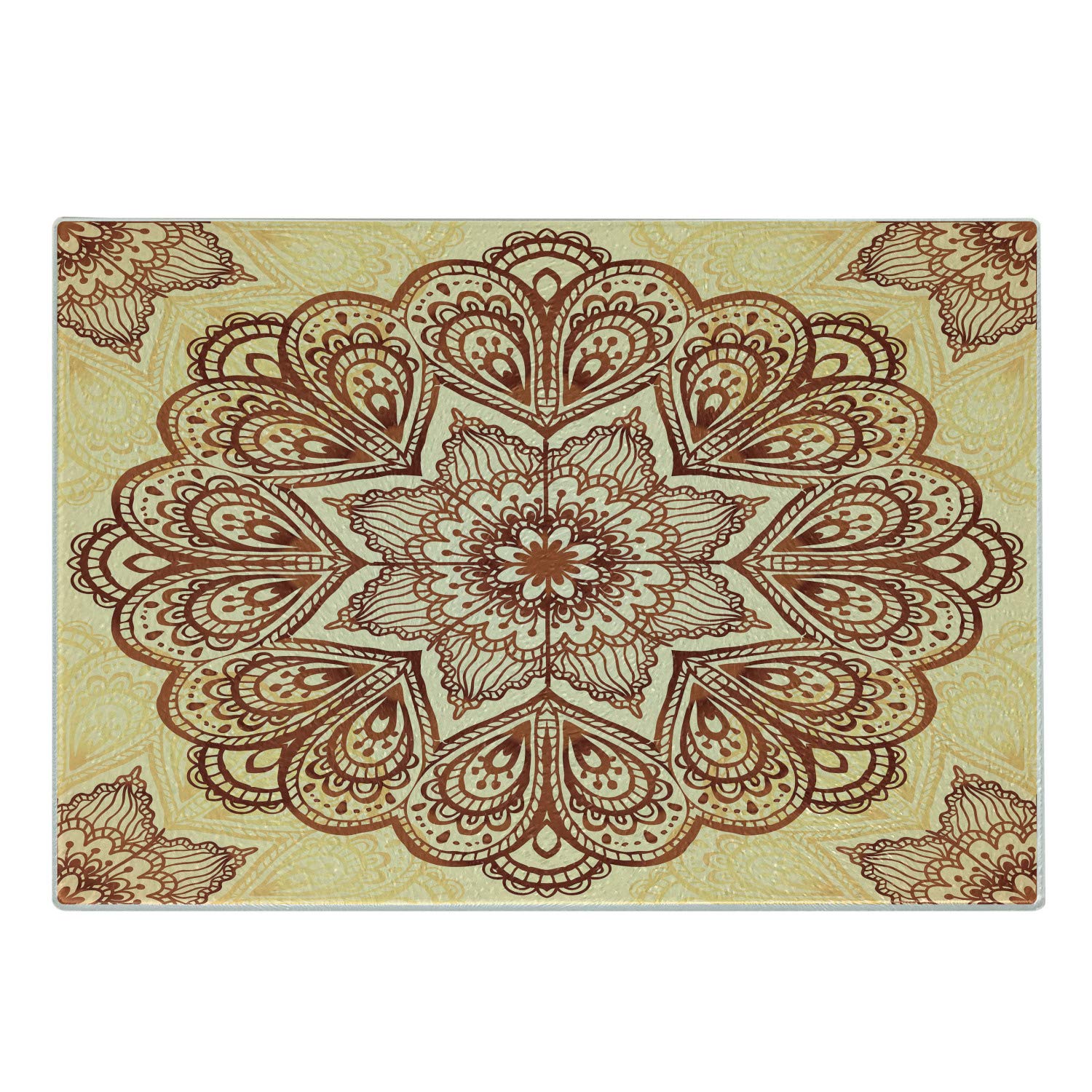 Lunarable Mandala Cutting Board, Floral Mandala Circular Form Pattern Vintage Style Image, Decorative Tempered Glass Cutting and Serving Board, Large Size, Chocolate Cream