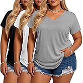 Evervibe 3 Pack Women's Plus Size T-Shirts, V Neck Short Sleeve Shirts Loose Fit Curved Hem Tees Casual Swing Tops