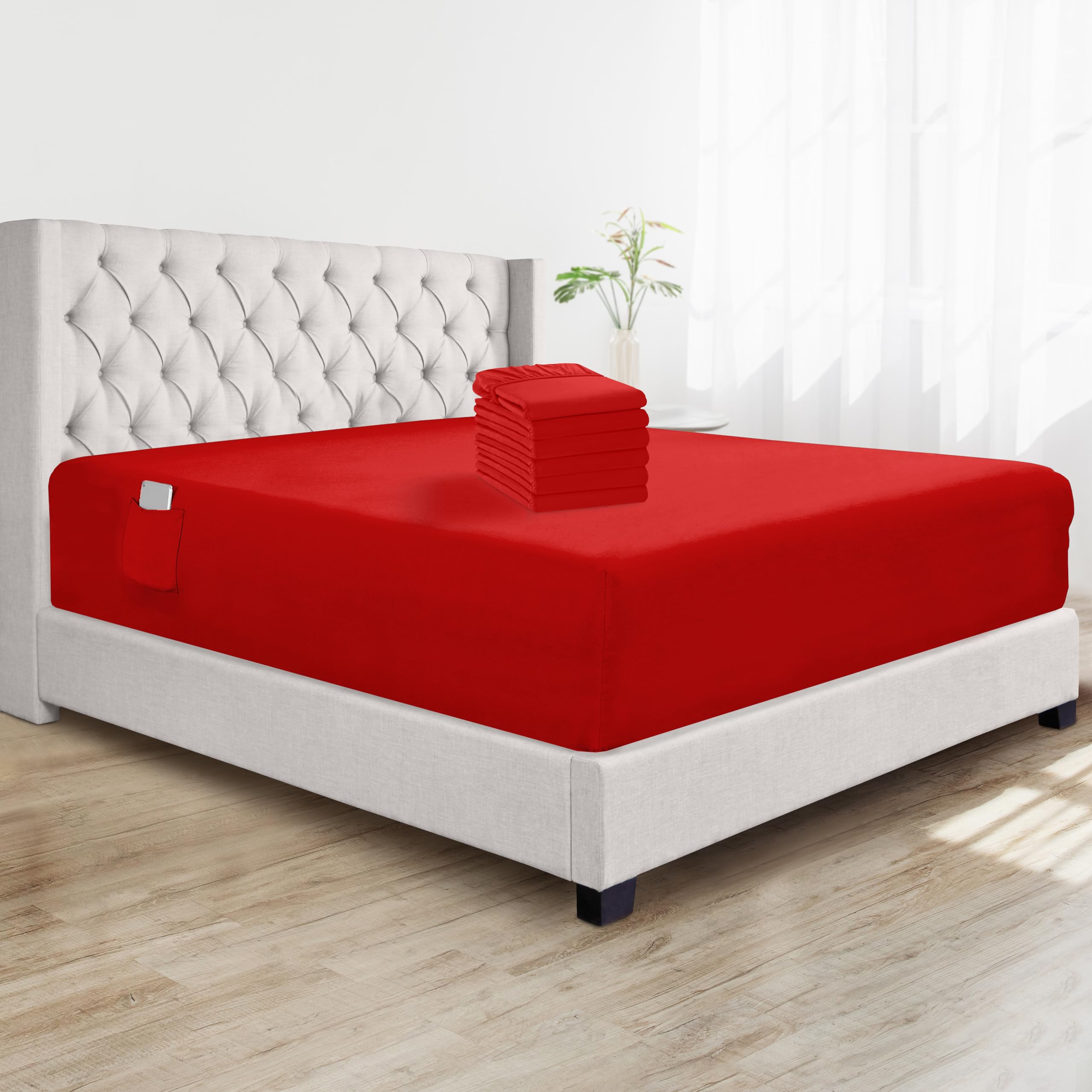 Elegant Comfort Super Soft Bulk 6-Pack Extra Deep Pocket 1500 Premium Hotel Quality Microfiber Fitted Sheet for High Mattress up to 21″ inch with Double Sided Smart Pockets, Twin, Red
