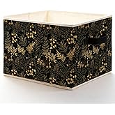LADOCK Dark Black and Gold Botanical Storage Bins Box, Vintage Cottagecore Ferns Plant Wildflower Foldable Baskets Organizer with Handles for Bedroom Bathroom Home Clothes Toys Books
