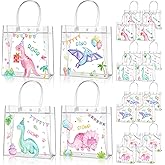 Aliceset 20 Pcs Pink Dinosaur Clear Treat Bags with Handles Cute Watercolor Dinosaur Party Favor Dino Gifts Bags for Birthday Dino Theme Party Supplies Candy, 8 x 8 x 3.15 Inch