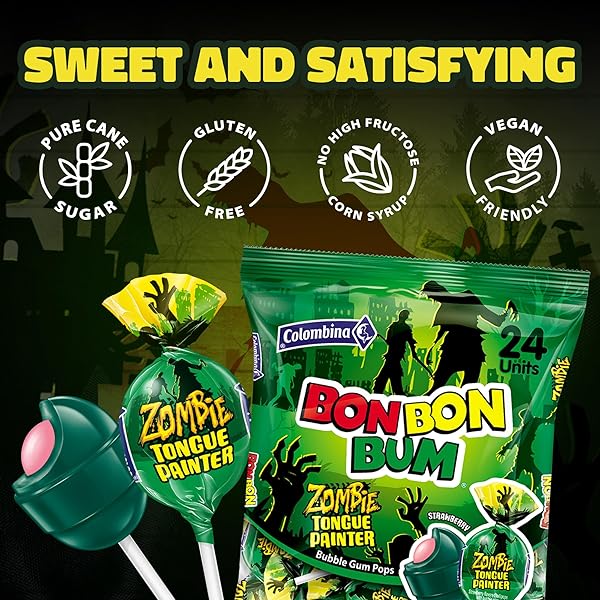 COLOMBINA BON BON BUM LOLLIPOPS – ZOMBIE TONGUE PAINTER PARTY TREAT, 24 COUNT (PACK OF 1)