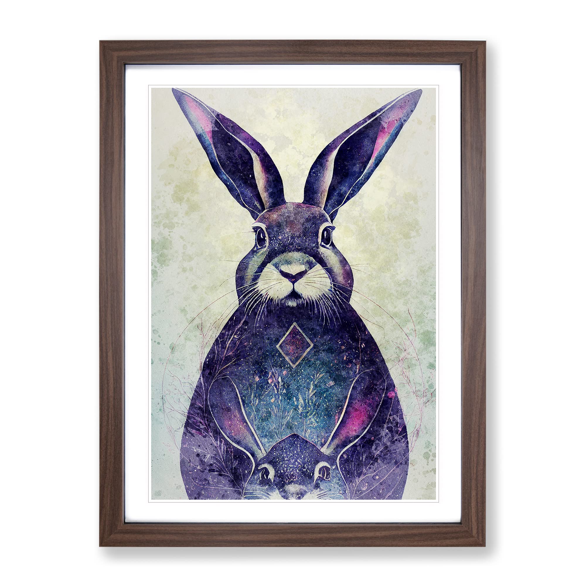 Colourful Watercolour Hare No.2 Framed Print | A3 Walnut Framed Wall Art | Ready to Hang | Modern Animal Picture | Living Room Bedroom Lounge Office