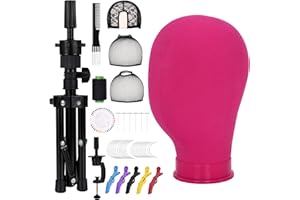 cenoz 23 Inch Wig Head, Wig Stand Tripod with Head, Canvas Wig Head, Mannequin Head for Wigs, Manikin Canvas Head Block Set for Wigs Making Display with Wig caps, T Pins Set. (Pink)