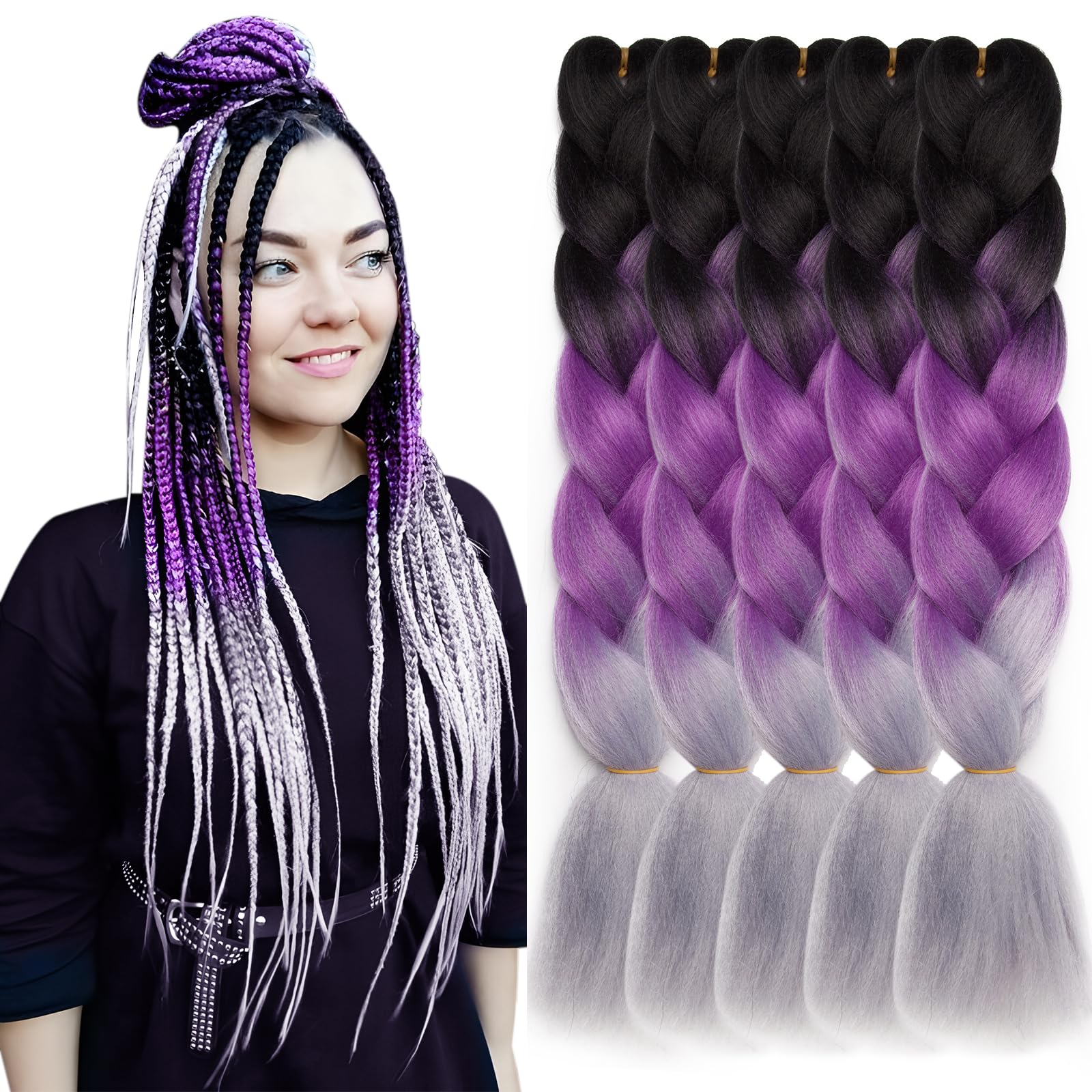 Ombre Colors Braid Hair Afro Braiding Hair Extensions 24 Inch 4 Tone for Women Twist Crochet Braids 5 Bundle Black to Purple to Silver Grey