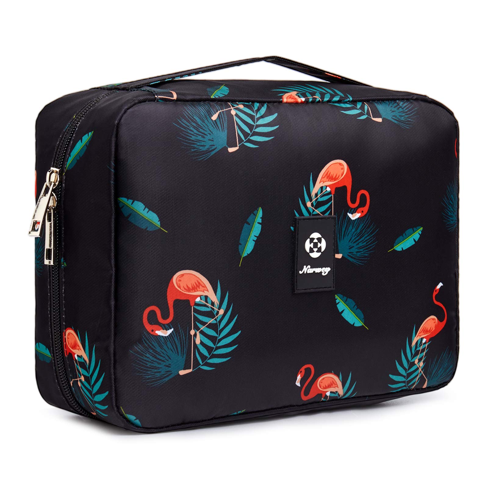 Travel Hanging Toiletry Wash Bag Makeup Cosmetic Organizer for Women Waterproof (Black Flamingo)