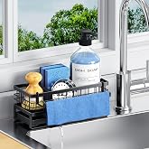 DYFVREN Metal Kitchen Sink Sponge Holder, Countertop Sink Caddy, Black | Rustproof Kitchen Caddy Sink Organizer, Non-Slip Sponge Caddy with 360&deg; Self-Draining Tray, Detachable Dish Cloth Holder