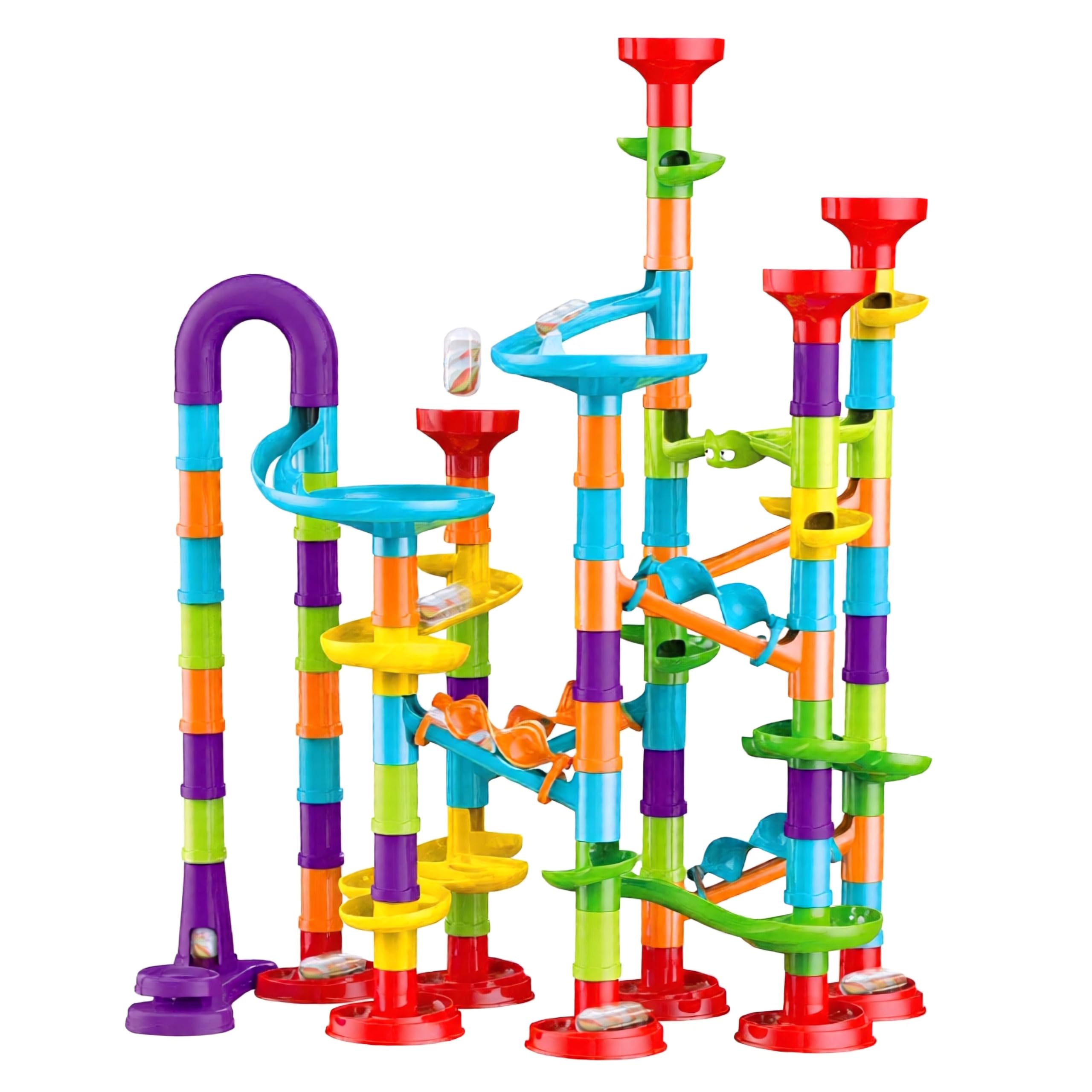 The Magic Toy Shop 113 Piece Marble Run Game Toy Set - Colourful 3D Maze Track Construction Kit with Glass Marbles - Educational STEM Building Blocks Race for Kids, Boys & Girls Age 3+