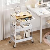KINGRACK 3 Tier Storage Trolley on Wheels White with Wooden Top view 3