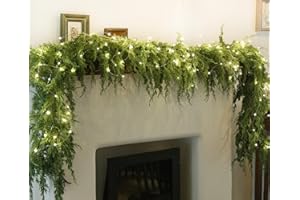 MISSPIN 6ft Christmas Garland with Lights, Real Touch Cedar Pine Garland, Green Artificial Greenery Garland for Table, Mantle, Wall, Indoor, Outdoor Christmas Decorations