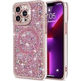 Lafunda for iPhone 13 Pro Max Case Glitter, Luxury Bling Sparkly Rhinestone Diamonds Cover Compatible with MagSafe for Women Girls Shockproof Protective Phone Case for iPhone 13 Pro Max 6.7", Pink