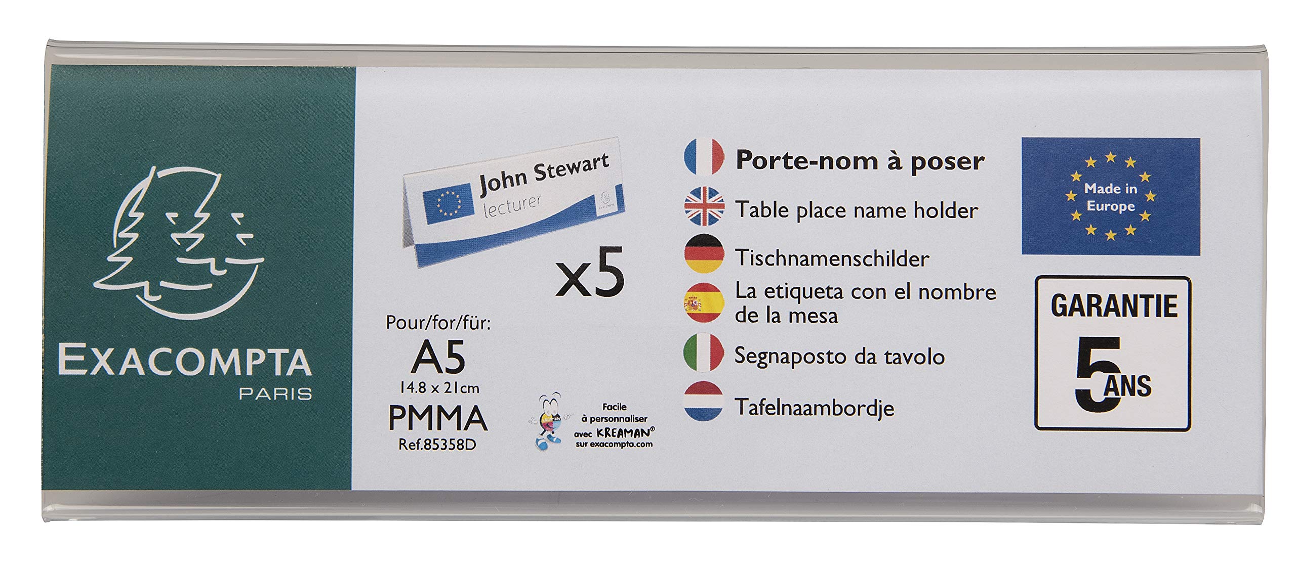 Exacompta - Ref 85358D - Name Tag Display Stand - Suitable for A5 Paper Folded Landscape, Made from PMMA (Acrylic) Material - Clear Transparent (Pack of 5)