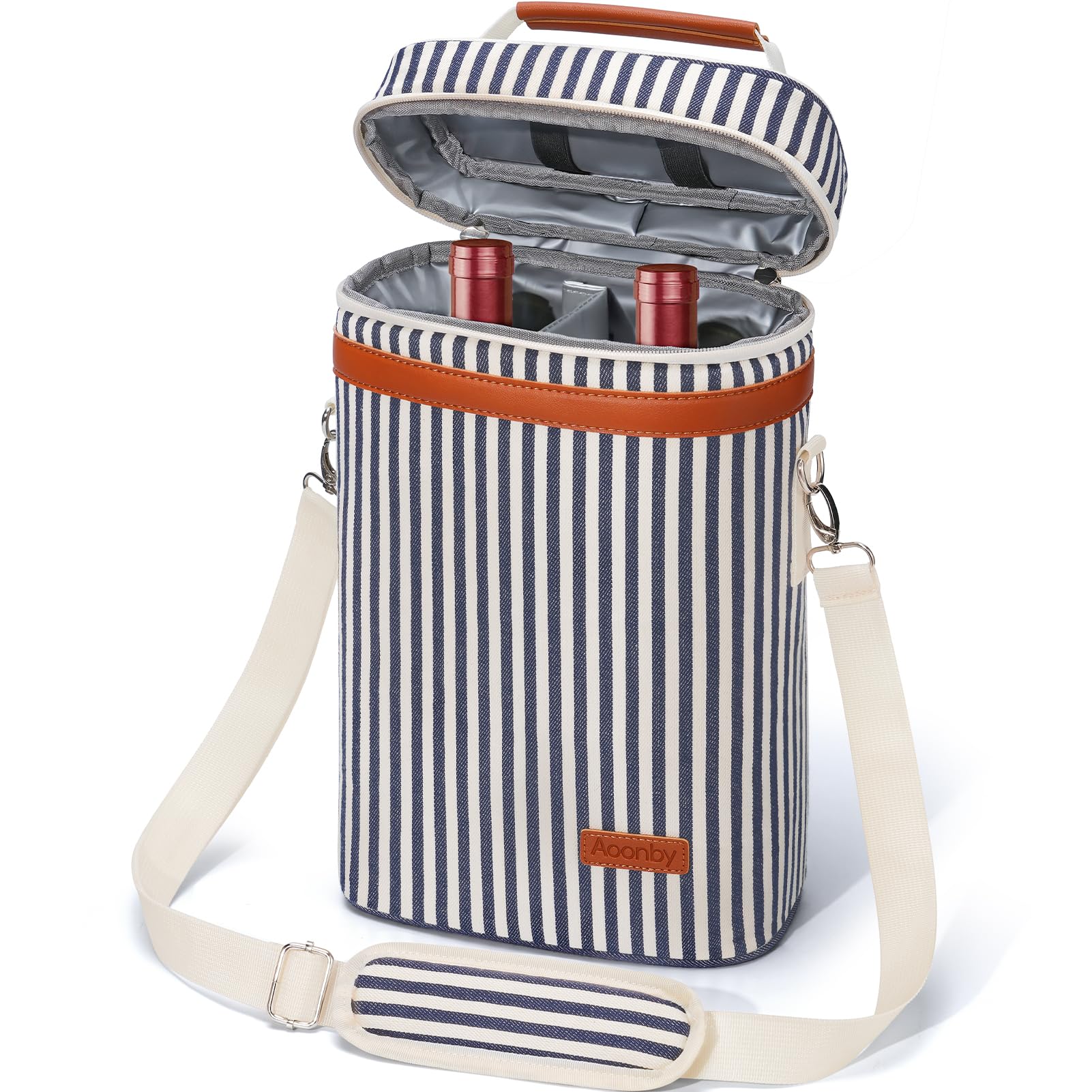 Photo 1 of 2 Bottle Wine Bag Wine Carrier Wine Gift Tote Bag, Leakproof & Insulated Wine Cooler Bag Wine Bottle Bag for Travel, BYOB, Beach, Dinner, Party, Christmas Gifts for Wine Lovers Women Men -Navy Stripe