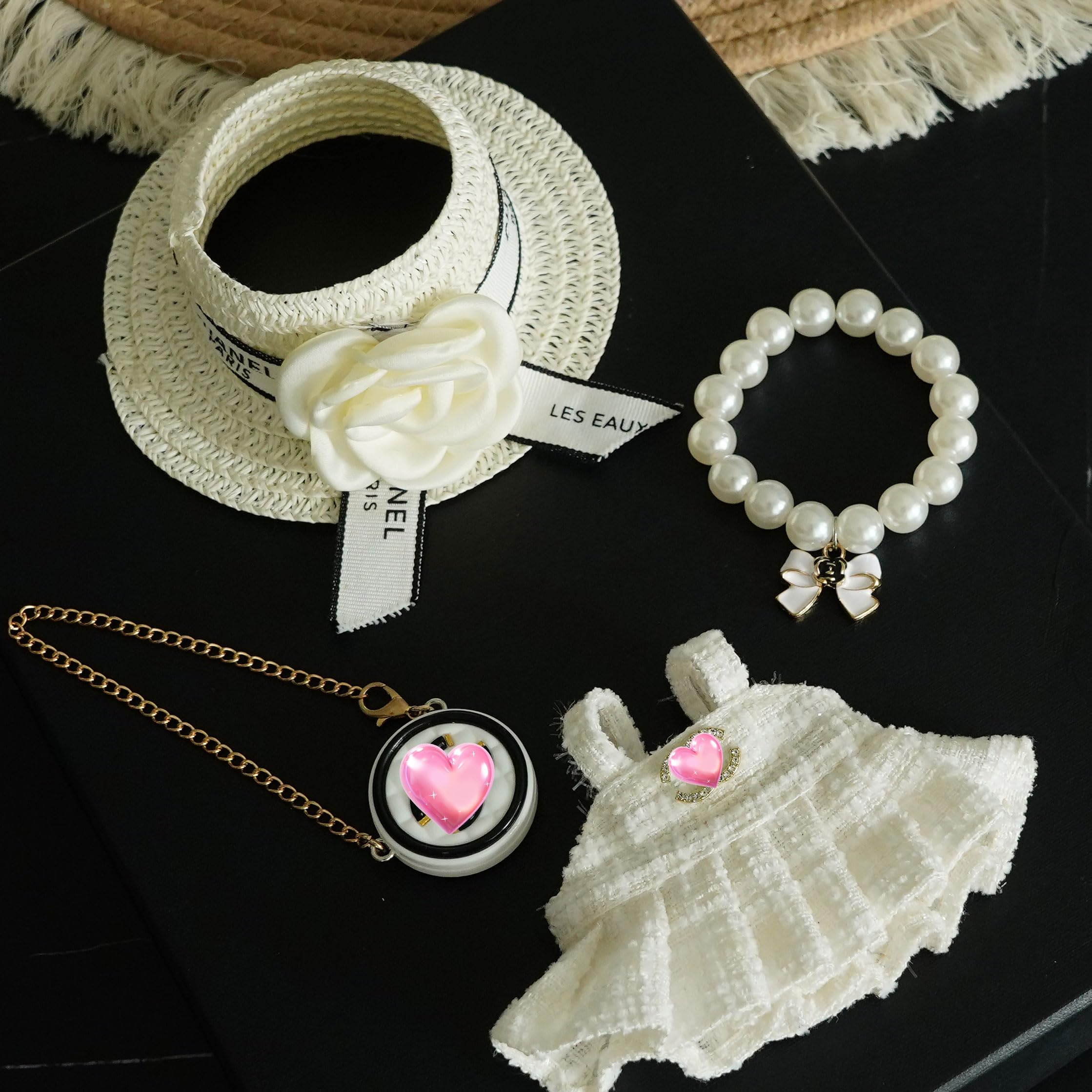 Photo 1 of 17cm Doll Clothes Set with Fashion Accessories - Premium Luxury Baby Doll Outfits & Designer Clothes Bundle, Unique Fashion Style Dresses with Hat & Pearl Necklace & Bag Accessories (White)