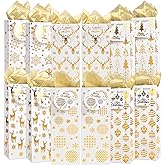 STEFORD 12 Pack Christmas Wine Gift Bags, Gold Foil Wine Bottle Bags with Tissue Paper and Name Tags Xmas Paper Bags for Christmas Winter Holiday Wedding Home Party