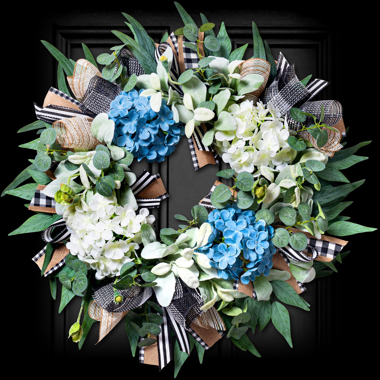 Hydrangea Wreath for Front Door Year Round, 20-22" Spring Summer Wreath with Buffalo Check Burlap Bow Eucalyptus, Handmade Decor Used for Door Porch Wall Farmhouse Holiday Image