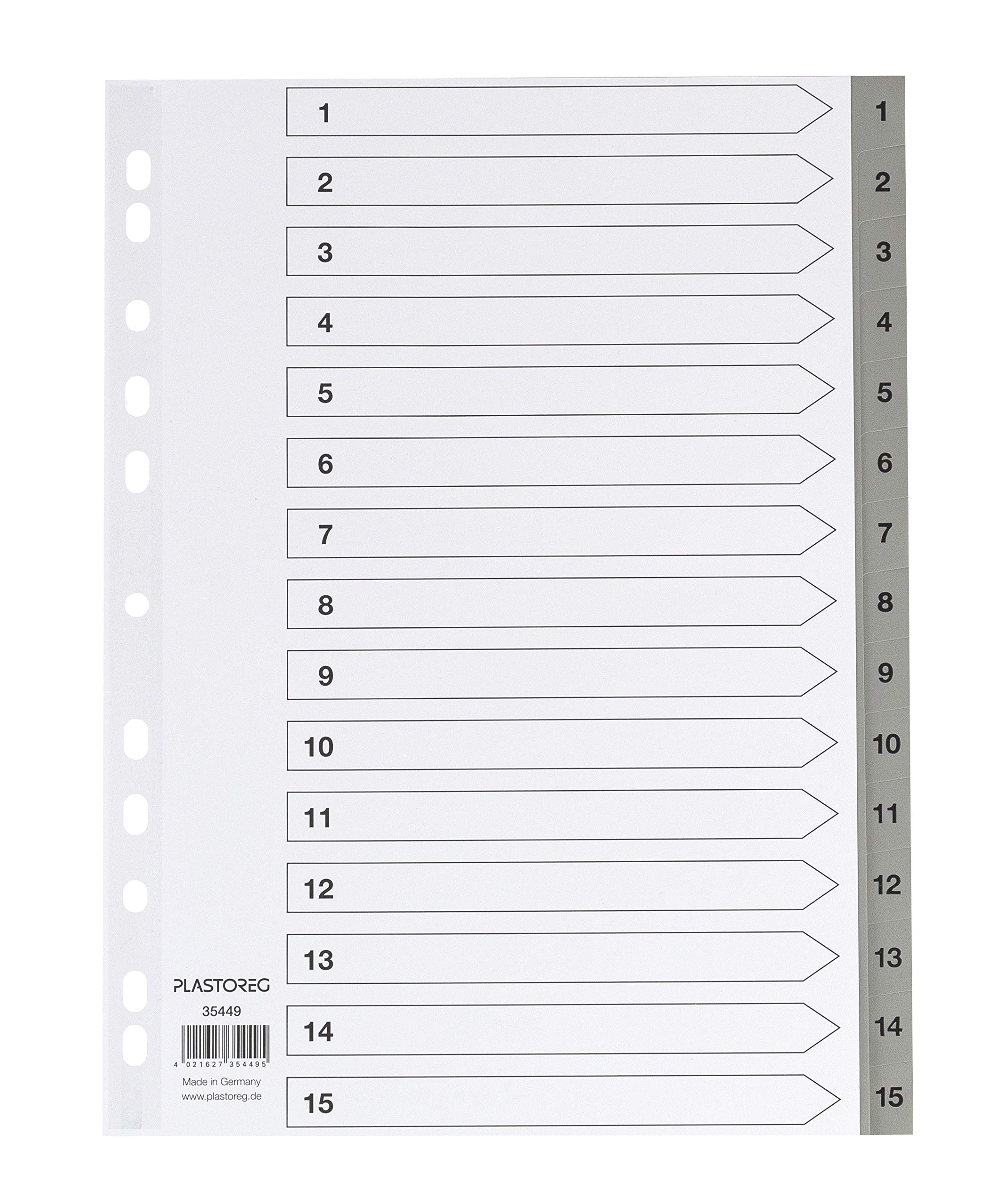 Set of 5 15-part dividers made of polypropylene, DIN A4 with numbers 1-15, full coverage + practical cover sheet made of sturdy paper for labelling. Divider sheets for folder organisation in the