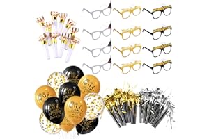 TUPARKA 57 Pcs 2026 New Years Eve Party Supplies Includes Paper Happy New Year Glasses，Party Blowouts Blowers Noisemakers and Black Gold Balloons，New Year Decorations NYE Party Supplies