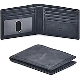 Real Leather Mens Bifold Wallet RFID Blocking Slim Minimalist Front Pocket - Thin & Stylish with ID Window in Gift Box (Crazy Horse, Navy)