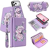 LITOU Compatible for iPhone 17 Pro Max Phone Case Crossbody Wallet,Detachable Magnetic,Card Holder,Wrist Lanyard Strap,Zipper Wallet Case for Men Women.PurpleFlower