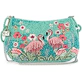 Mary Frances Flirty Flamingos Beaded Crossbody Handbag – Tropical Bird Novelty Evening Clutch with Removable Chain Strap for Travel, Weddings, Parties – Multicolor