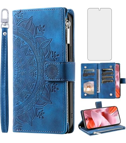 Étui Portefeuille Asuwish Pour Google Pixel 9/9 Pro - Cuir Bleu, Fermeture éclair, 6 Cartes + Film Verre Inclus