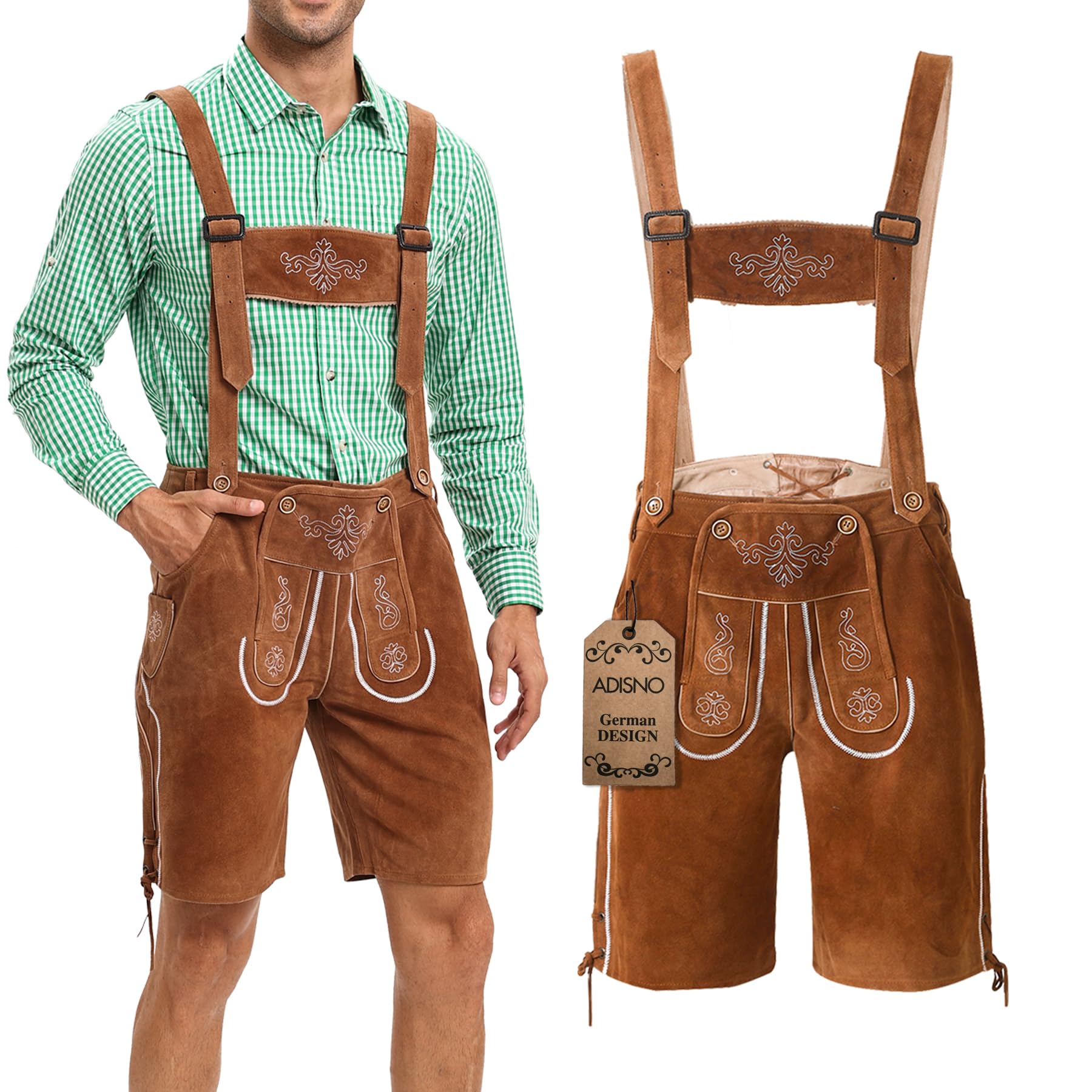 Adisno Lederhosen Men,Oktoberfest Outfit Mens,Oktoberfest Costume Lederhosen Men,100% Cow Suede Leather(Brown, 56)
