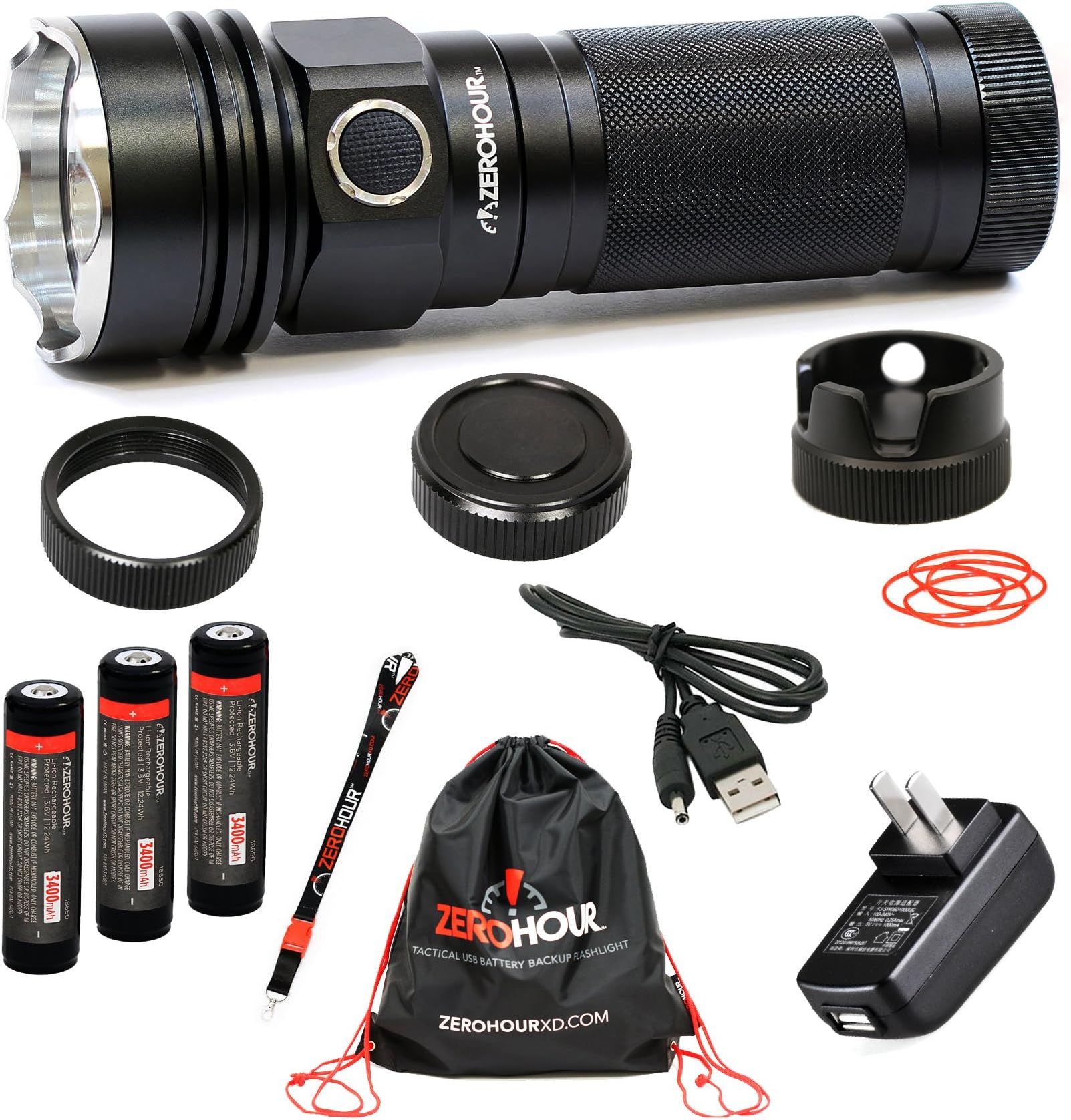 ZeroHour XD-Tactical Flashlight with Integrated USB Battery Backup: 1,000 lm CREE XM-L2, 10,000 mAh Backup Charging Power, Rechargeable 3 x 3400 mAh 18650 Li-ion Batteries, Lanyard, Drawstring Bag