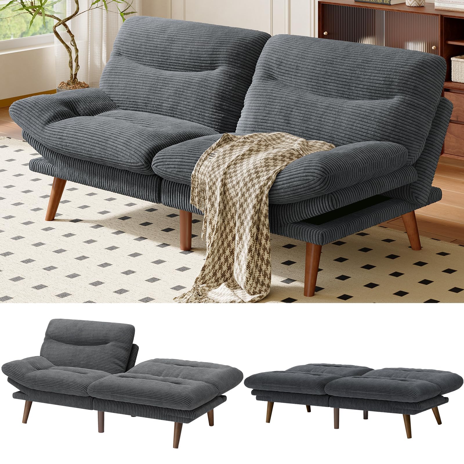 View 1 of *** TRUCK PICKUP ONLY *** Amada 66" Convertible Futon Sofa Bed, Corduroy Folding Futon Set with Adjustable Backrest &Armrests, Recliner Lounge for Living Room, Apartment or Office, Solid Wood Frame, Loveseat Sofa - Grey