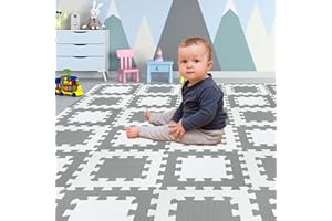 Yostrong 18 Tiles Interlocking 2 Square Puzzle Foam Baby Play Mat with Straight Edges for Playing - EVA Babies Crawling Mat | Rubber Floor Work Out Mats for Home Gym. White, Gray. YO2S-ALb18S18