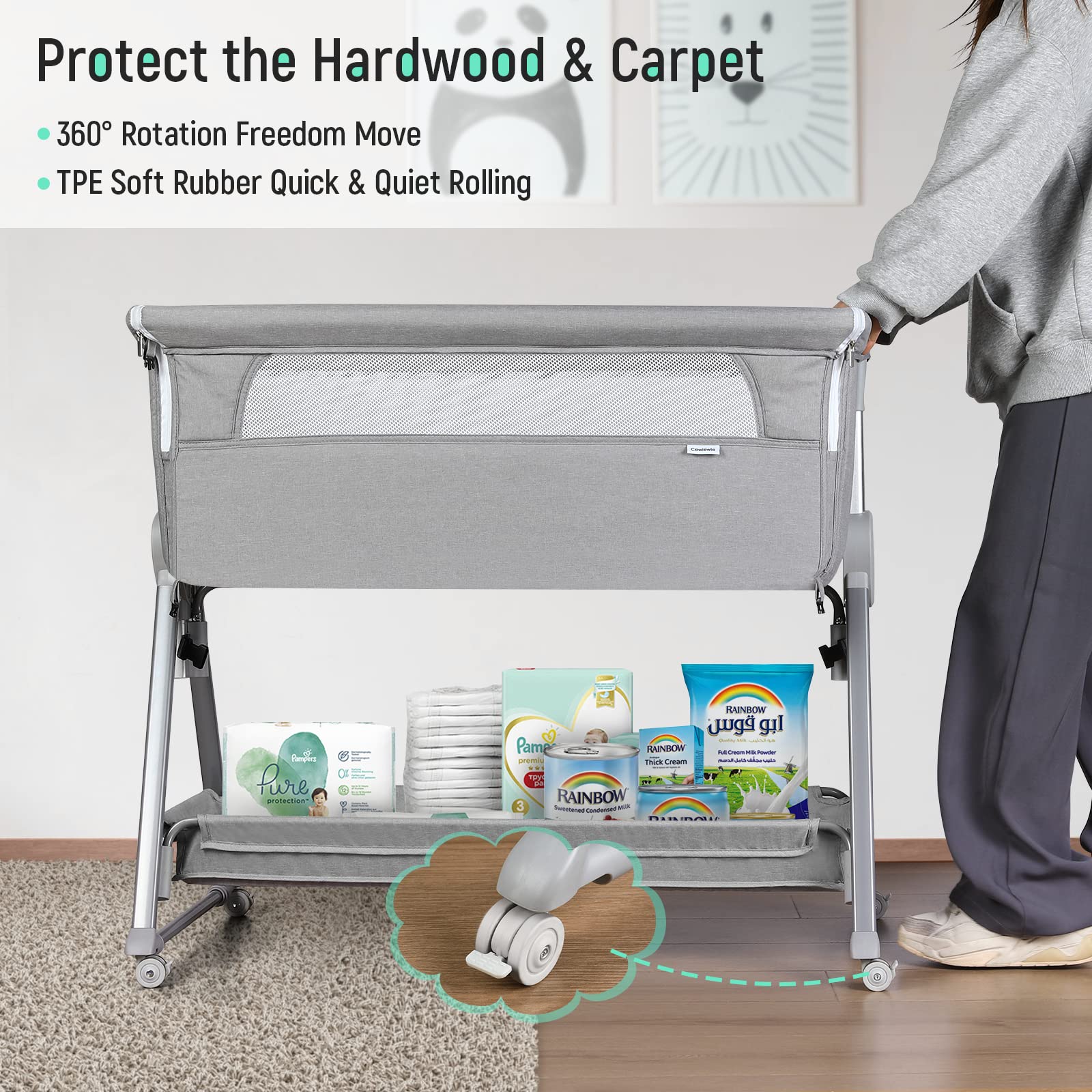 Cowiewie Bassinet Bedside Sleeper, Baby Bassinet with 7 Adjustable Height, Bedside Bassinets for Baby with Breathable Mesh Sides & Mattress, XL Storage, Easy Folding Crib (Pyramid Light Gray)