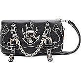 Punk Studs Gothic Skull Chain Art Rivet Buckle Studded Women Wallet Day of the Dead Zipper Wristlet Purse