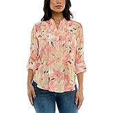 Zac & Rachel Womens 3/4 Sleeve Linen-Like Blouse with Henley Collar and Pintucking Detail