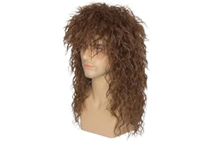 Yan Dream 70s 80s Curly Wig Disco Party Glam Rocker Wig Brown Heavy Metal Rocker Wig Male Halloween Cosplay Punk Wig