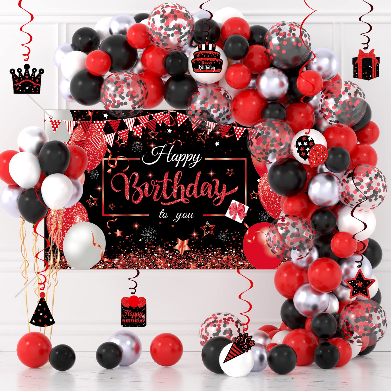 Photo 1 of ****Partial set***

Red and Black Birthday Decorations Red Black White Silver Balloons Arch Garland Kit with Happy Birthday Banner Backdrop, Hanging Swirls for Men Party Décor Supplies