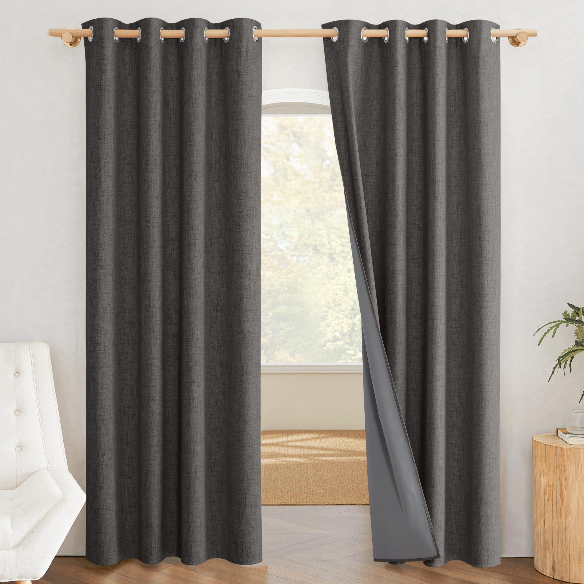 PONY DANCE Full Blackout Curtains - Grey Linen Curtain with Coating, Thermal Insulated, Noise Reduction, 100% Light Blocking with Eyelet, Window Drapes for Living Room Bedroom, 52x84 Inch, 2 Panels