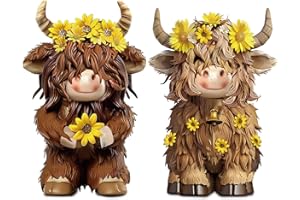 Burbell 2 Pcs Highland Cow Figurines Decor Cow Gnomes with Sunflower Resin Statue Calf Lovers Gifts for Farmhouse Home Garden Bathroom Kitchen Office Tiered Tray Table Decor