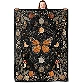 YCUFN Butterfly Moon Flannel Blanket 50"x60" Mystical Celestial Mushroom Floral Lightweight Throw Blankets Birthday for Nature Lovers Office Bedroom Sofa Travel Gothic Home Decorate