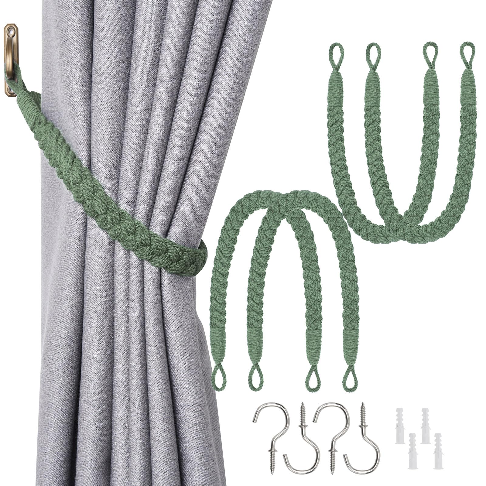 Pretty Jolly 4 Pack Natural Cotton Rope Curtain Tiebacks Elegant Boho Style Decorative Drape Tie Backs Soft Hand-Woven Rope Curtain Holdbacks with Metal Hook for Home & Office Drapery (Green) — image 1