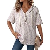 Dokotoo Womens Summer Tops 2026 Short Sleeve Button V Neck Waffle Knit Lightweight Drawstring Hoodies Casual Blouses Shirts