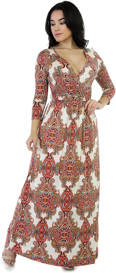 Long Sleeve Maxi Stretchy Jewels Dress L Multi Print at Amazon Womenâs Clothing store