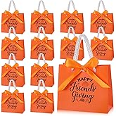 Tenceur 25 Sets Friendsgiving Party Gift Bags Small Thanksgiving Fall Pumpkin Orange Goodie Candy Treat Reusable Bags with Handles and Bow Ribbon for Thanksgiving Party Favor, 5.51x4.72x2.36''
