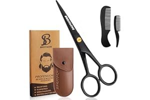 BROSTACHE 5” Professional Beard and Mustache Scissors, German Steel Beard Scissors Come with Mustache Comb, Beard Comb and Carrying Pouch. Grooming Scissor for All Facial Hair Scissors (Black)