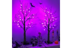 NAWITDA Halloween Indoor Decorations 2 Pack 24 Inch Black Halloween Tree with 24 Purple Led Lights, Timer/USB/Battery Operated Lighted Spooky Tabletop Tree for Halloween Decor Home Table Holiday Party