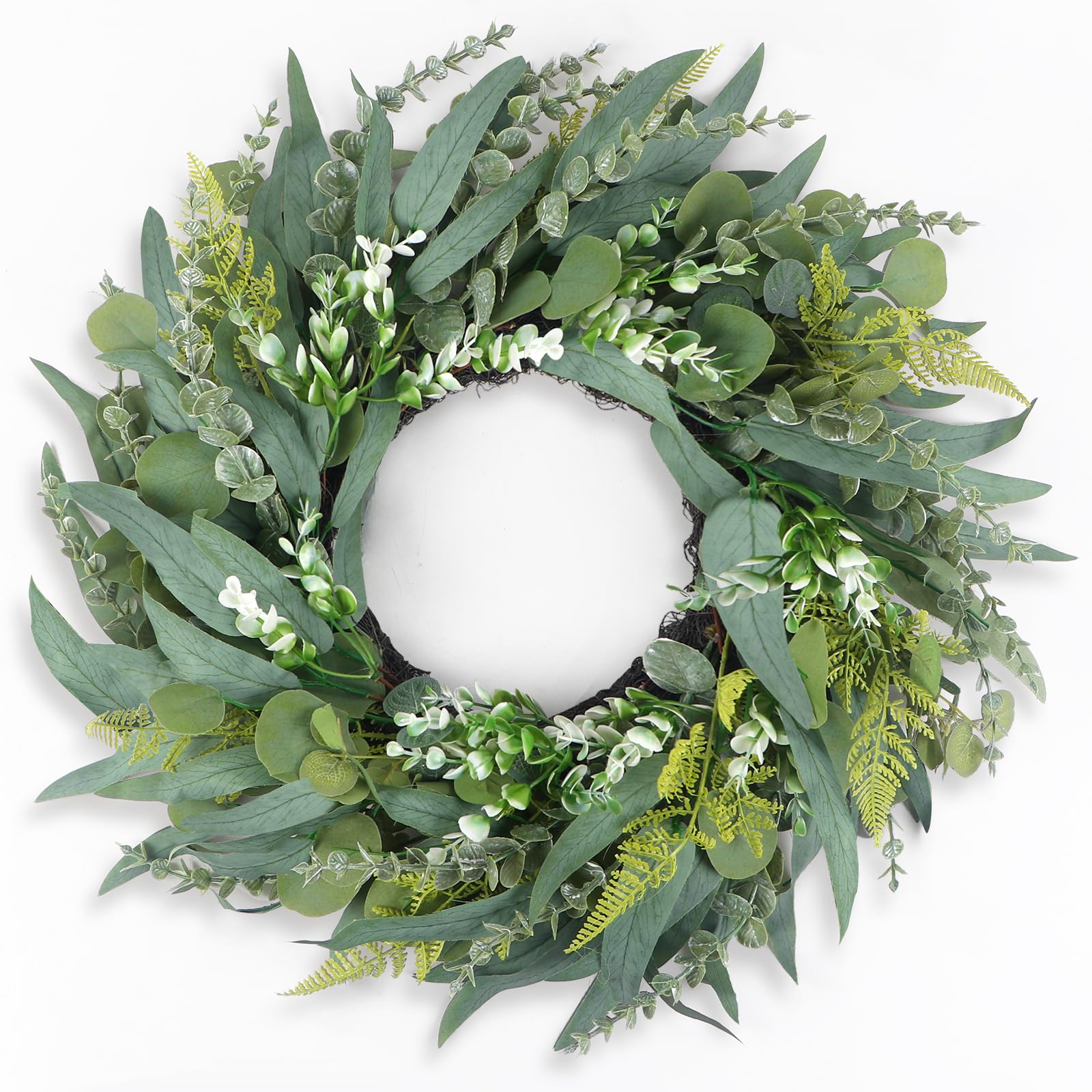 Photo 1 of 24" Eucalyptus Wreath for Front Door, Artificial Green Spring/Summer Wreaths with Willow Leaves, Fern Leaves and Berries for All Seasons, Farmhouse Wreath for Window, Fence, Porch, Wedding Decor