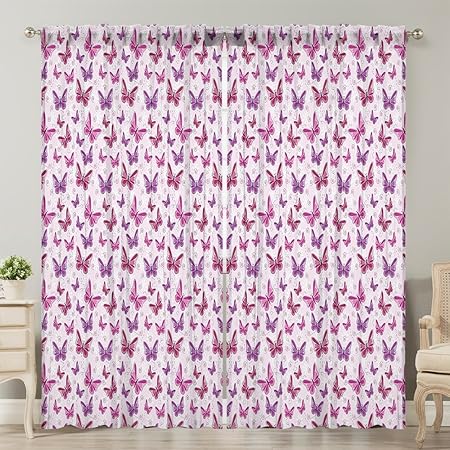 Moslion Window Curtain Purple Butterflies On Floral Maroon Purple