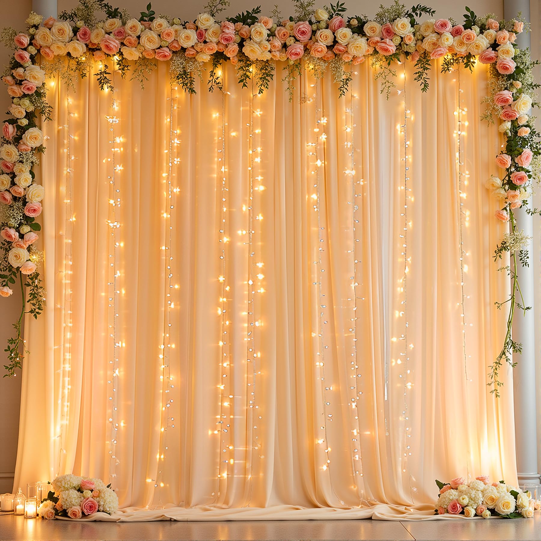 Photo 1 of 10 x 10ft Dark Champagne Backdrop Curtains with Lights String for Wedding Polyester Photo Backdrop Drapes Wrinkle Free Long Curtains Back Drop for Birthday Parties Reception Baby Shower Ceremony Event