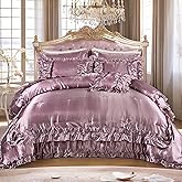 MOVE OVER 8 Pieces Silk Like Satin Comforter Set Queen Size Bean Paste Pink Ruffle Comforter Set with Sheet Set Farmhouse Shabby Chic Bedding Comforter Set Blush Pink Silky Comforter Sets