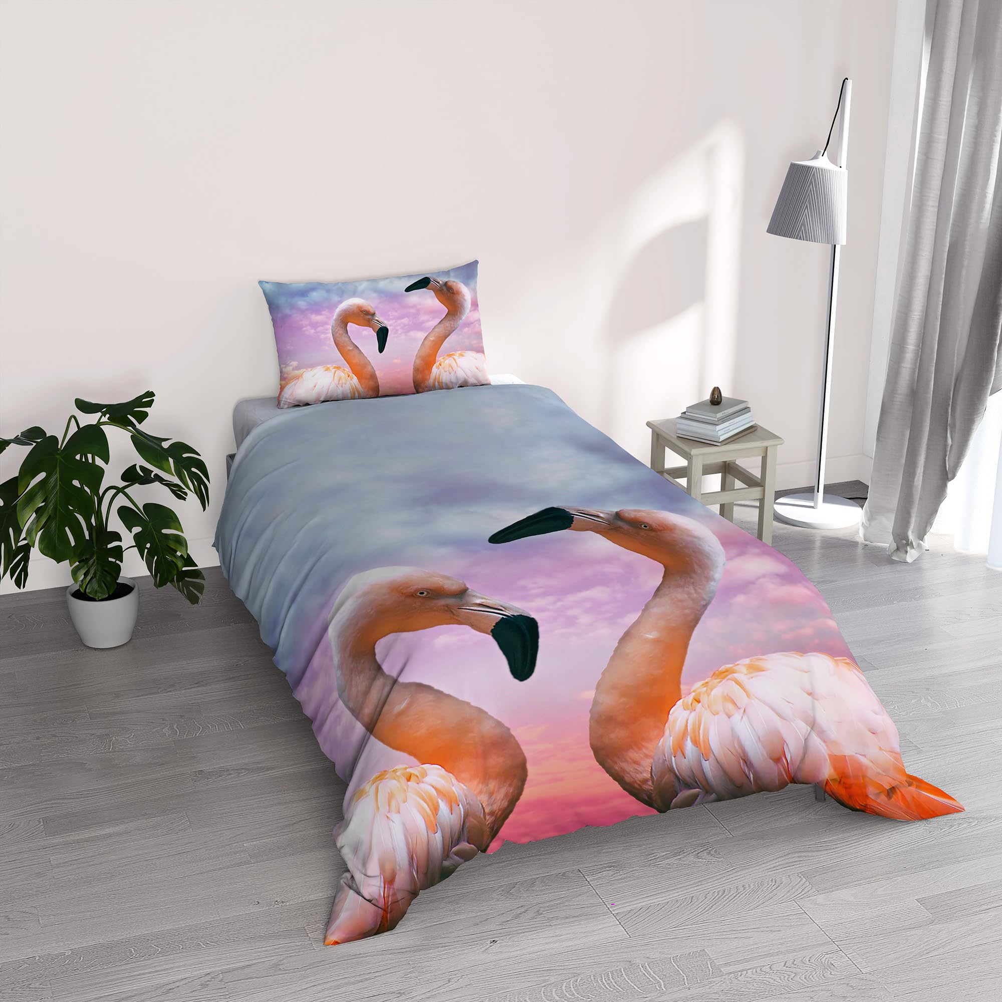 Italian Bed Linen GOODNIGHT Microfibre Duvet Cover Set with Digital Print, Flamingo, Single