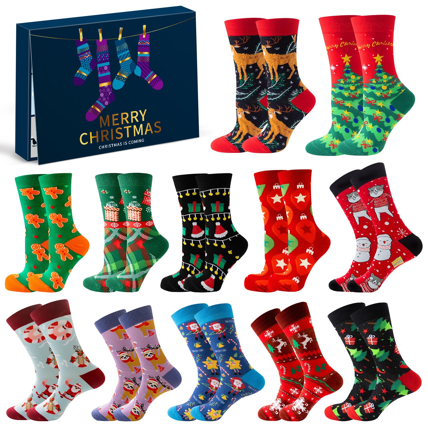 iZoeL Cotton Christmas Socks Women Men's Christmas Socks Unisex Adults Colorful Novelty Colorful Funny Xmas Surprise Secret Santa Gifts for Family Colleagues Friends Mum Dad Grandma Pack of 12/24